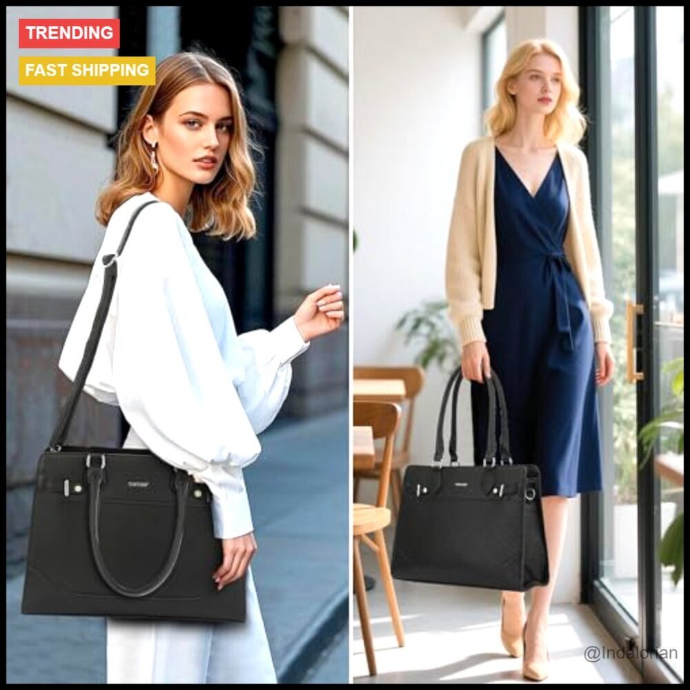Structured Vegan Leather Satchel Tote Bag Top Handle Shoulder Work Bag - Picture 2 of 6